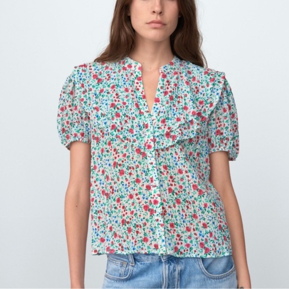 Zara Blue Floral Top Blouse size XS Crinkle chiffon, front ruffles, Cotton